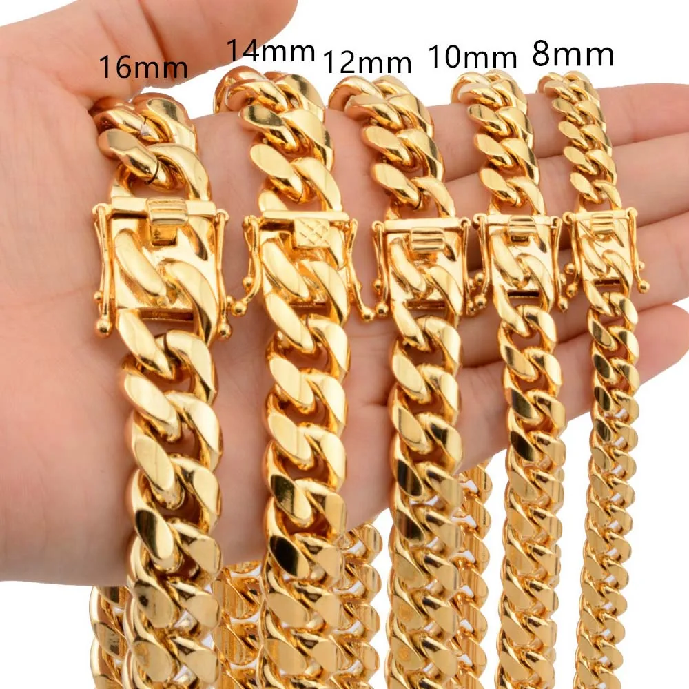 News Arrival 8/10/12/14/16/18mm Stainless Steel Miami Curb Cuban Chain Necklaces Casting Dragon Lock Clasp Mens Rock Dj Jewelry