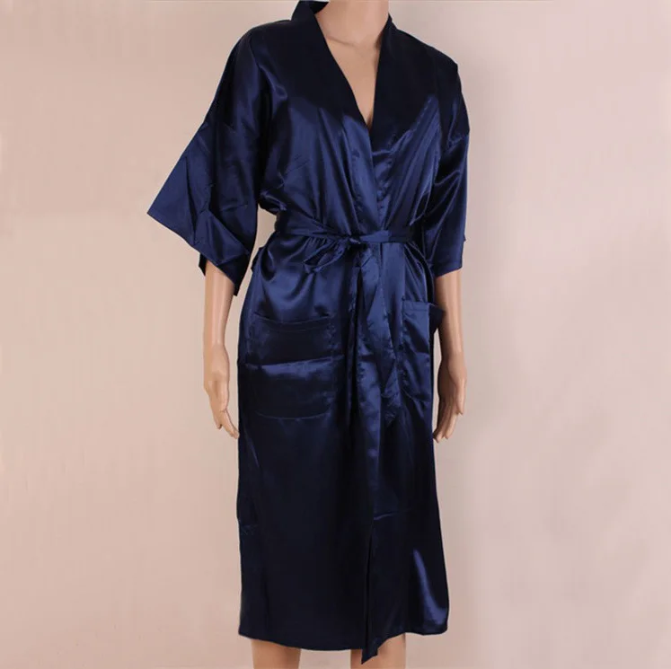 Navy blue Chinese Men\'s Robe Kimono Faux Silk Bath Gown Bathrobe Nightgown Sleepwear Hombre Pijama Size S M L XL XXL XXXL TB01M