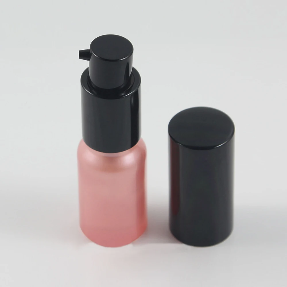 Flacone per lozione in vetro rosa da 10ml con pompa in alluminio nero, confezione cosmetica in vetro di colore rosa all'ingrosso da 10ml per liquidi