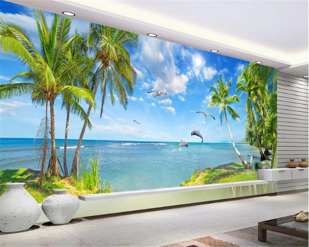 

beibehang Custom wallpaper beautiful sea view landscape Mediterranean coconut tree living room background wall 3d wallpaper