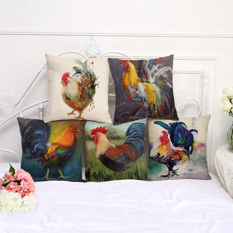 Vintage Oil Painting Style Cock Rooster Cushions Pillows Covers Decorative Sofa Linen Cotton Cushion Cover Pillow Case