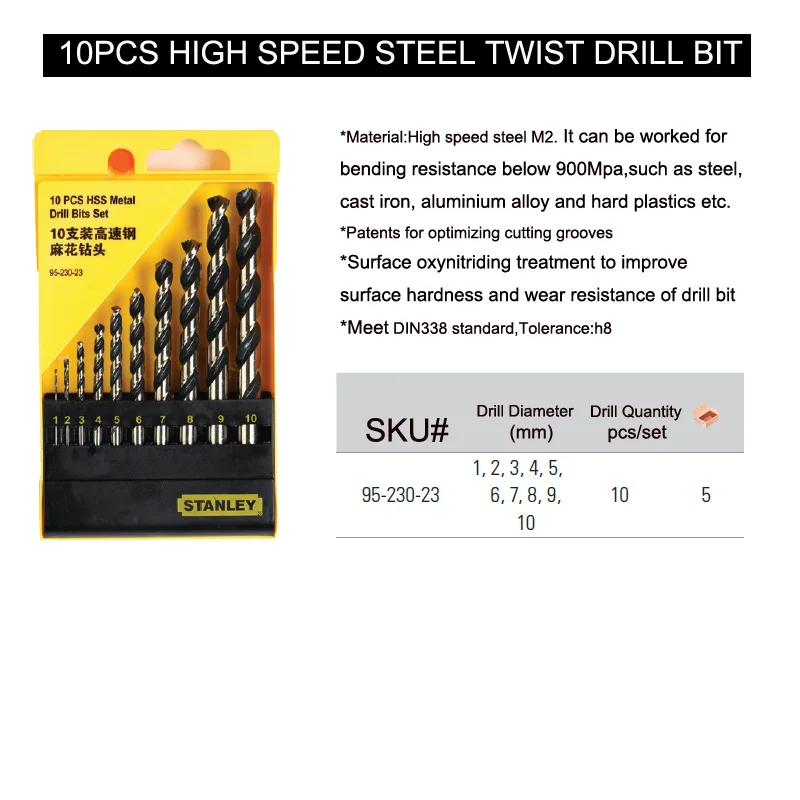 Stanley-Juego de brocas autocentrantes multiusos, conjunto combinado de brocas helicoidales HSS de acero de 1mm a 10mm, 10 unidades
