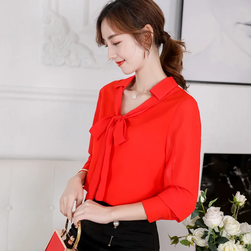 Vrouwen Leisure Bodem Shirt Lente Zomer Lange Mouw Pure Kleur Blouses Vrouwelijke Nieuwe Koreaanse Fashion Casual Strik Top H9070