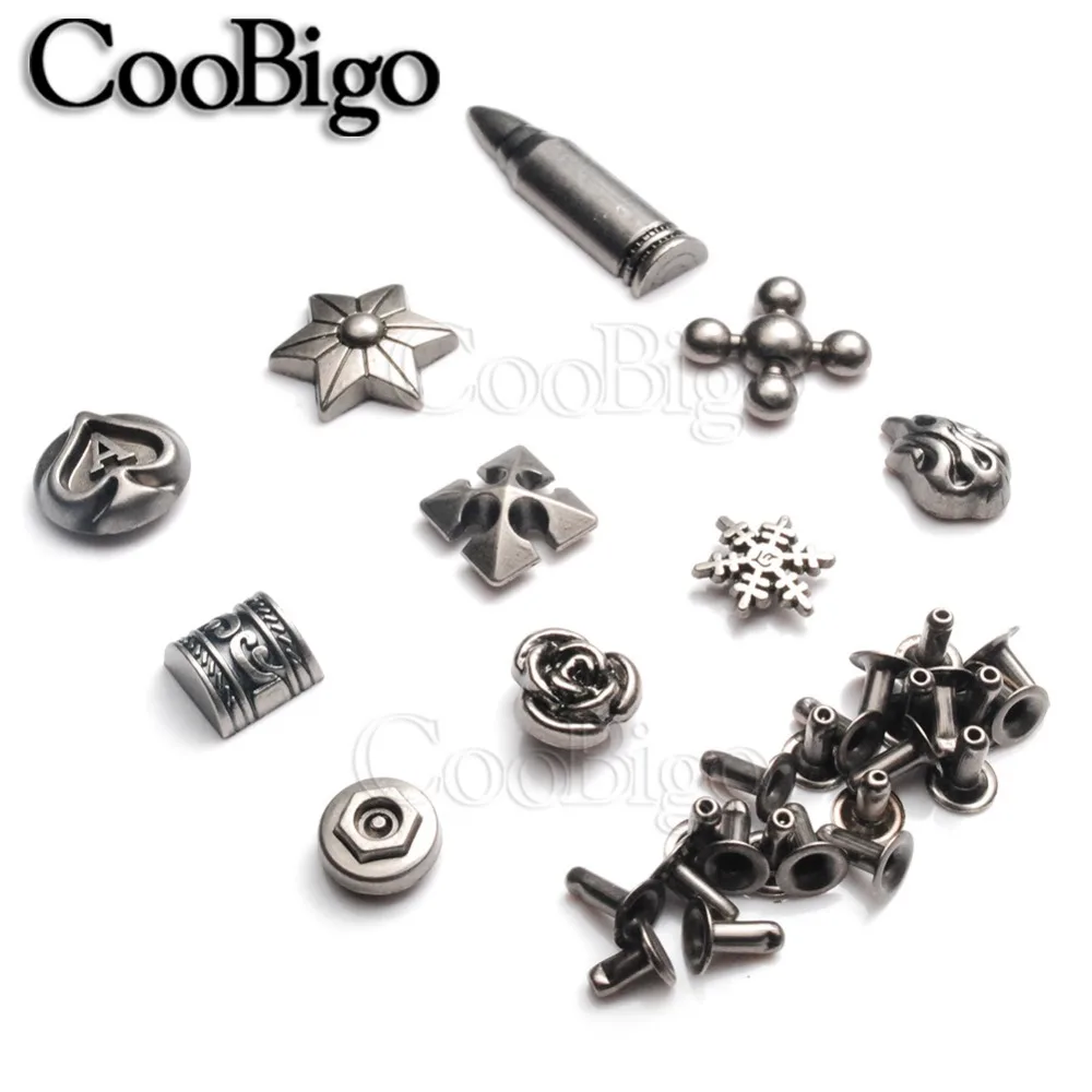 10 Sets Metal Studs Rivets Spike Stylish Riveting Parts for Leather Bag Garment Shoe DIY Craft Accessories Rose Bullet Snowflake