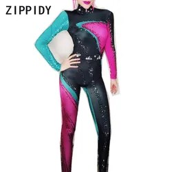 Sexy kolorowe Rhinestone kombinezon długie rękawy elastyczne legginsy damskie Prom Party strój klub nocny piosenkarka taniec pokaż etap nosić