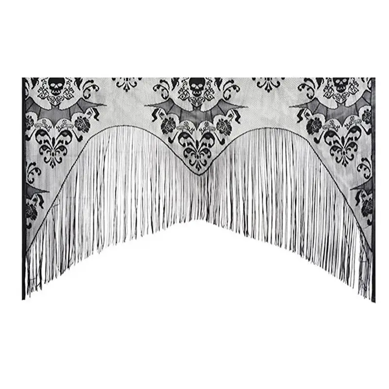 Halloween Window Curtain Lace Spider Web Skull Curtain Cover Curtain Valance With Tassel 38