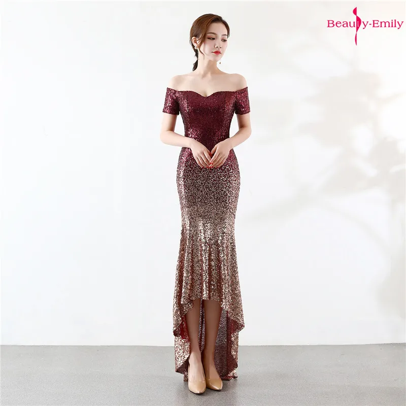 

Beauty Emily Boat Neck Short Sleeve Evening Dress Gradient Color Sequins Formal Party Dress Prom Gowns Pleated robe de soiree