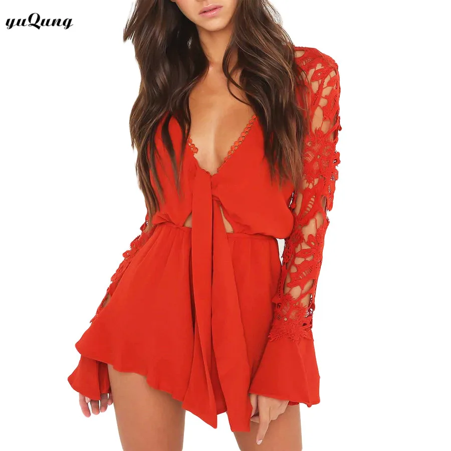 Yuqung feminino oco rendas manga longa macacão curto manga alargamento com decote em v rendas até praia playsuit geral streetwear i84