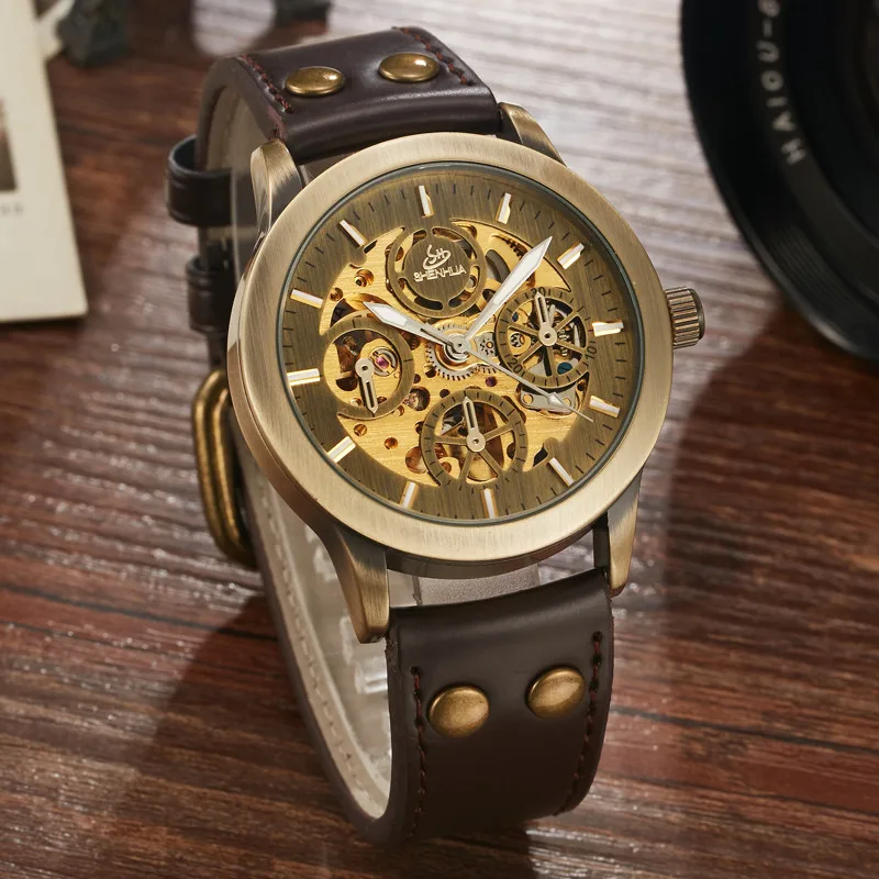 SHENHUA Retro Bronze Automatic Mechanical Watch Mens Skeleton Luminous Real Leather Men Sport Speed Mechanical Wristwatches