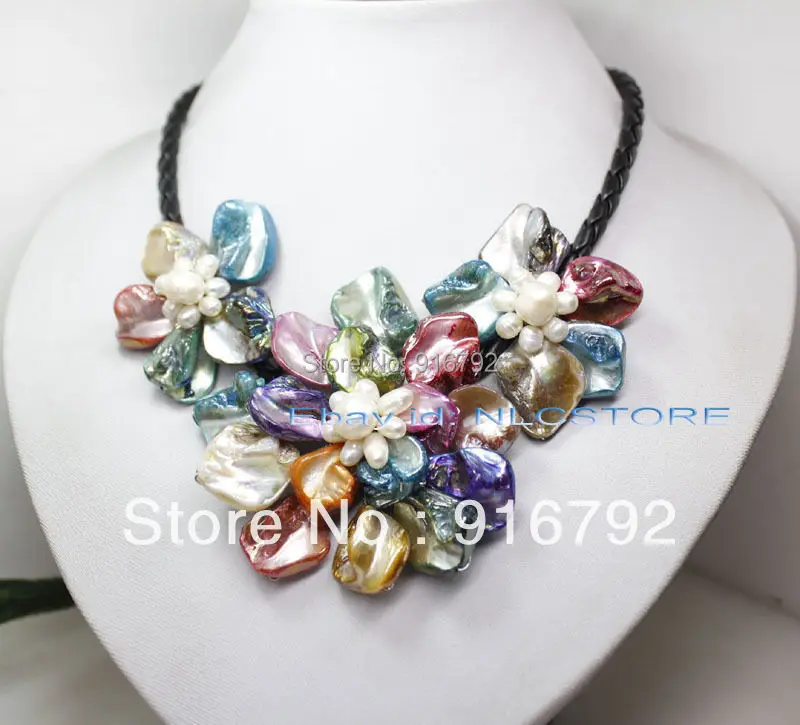 

free shipping pretty mix color mother of pearl shell weave flower necklace 18" fashion jewelry