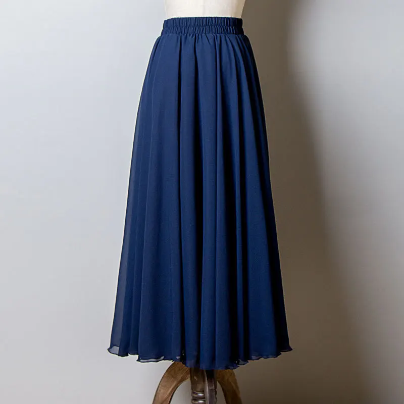 2022 Bohemia Long Skirts Women Stretch High Waist Solid Chiffon A-Line Skirt Casual Pleated Maxi Skirt Faldas Saias Streetwear