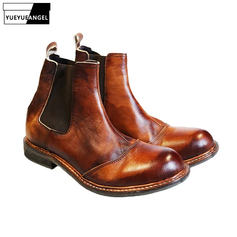 Vintage Real Leather Classic Chelsea Boots Men Handmade Slip On Ankle Boots Autumn Round Toe High Top Safety Shoes Couple