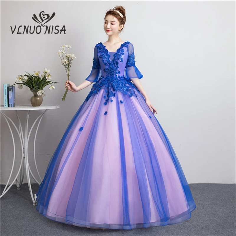 

Hlaf Sleeve V Neck Ball Gown Flowers Applique Blue Evening Dress Party Prom Solo Performance Host Dress Robe De Soiree