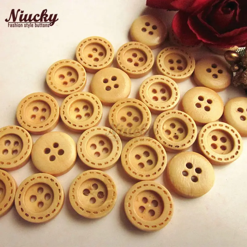 Niucky 10mm - 13mm Wood Color 4 holes Dotted Line Broad Edge Wood Button for Sewing Clothing Craft Decorative Buttons W0201-013