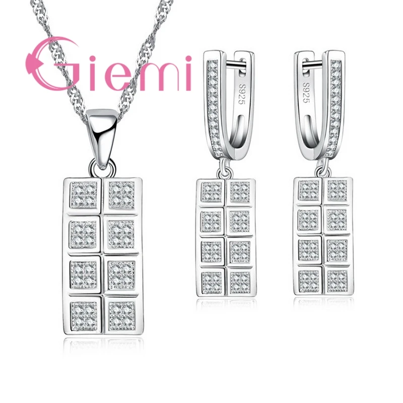 925 Silver Streling Silver Classic Geometric Crystal Stone Necklace Earrings for Women's Wedding Ceremony Jewelry Set and CZ