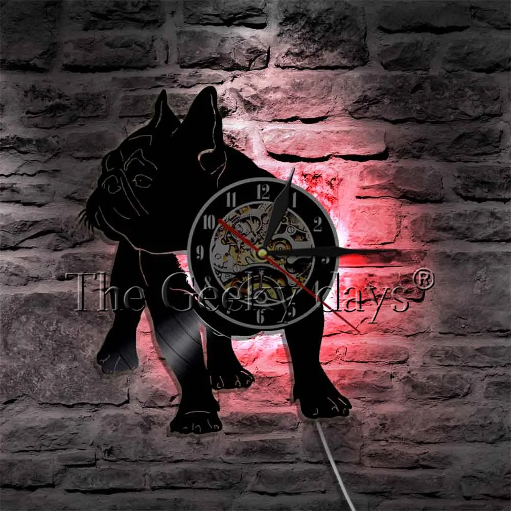 French Bulldog Wall Watch Art Decorative Lighting Vinyl Record Wall Clock Pet Puppy Dog Animal LED Hanging Lamp