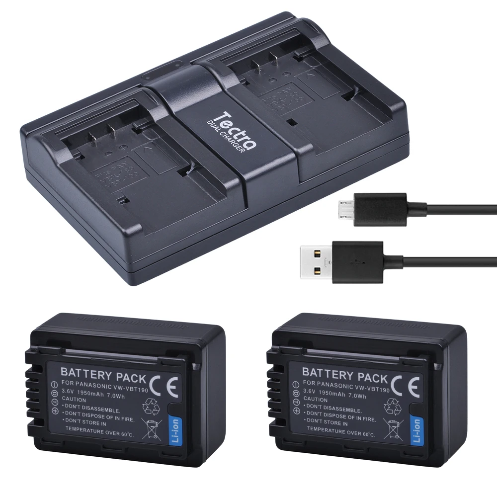 

Tectra 2Pcs VW-VBT190 VBT190 Li-ion Battery +USB 2-Channel Charger for Panasonic HC-V110 HC-V130 HC-V160 HC-V180 HC-V201 HC-V210