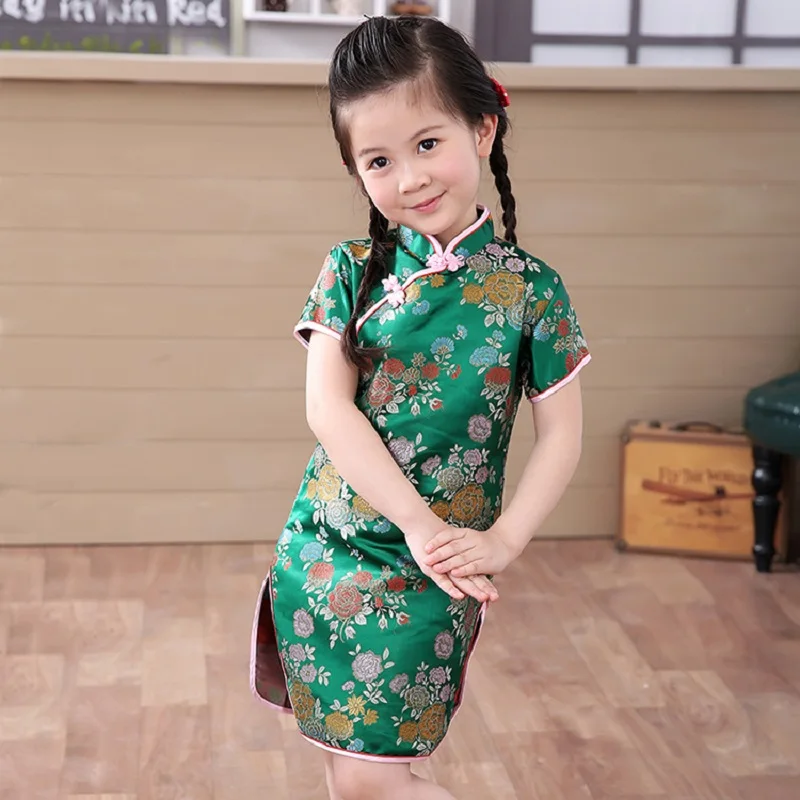 2020 Green Chinese Girl Dress Children Qipao Chi-Pao Cheongsam Gift Clothes Children Clothing Girl Clothes Floral New Year