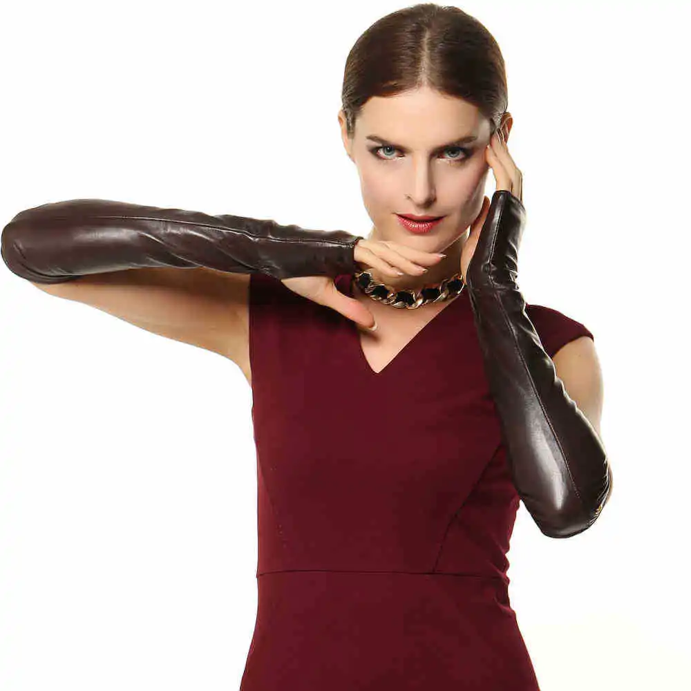 Fashion 41cm Long Female Real Genuine Leather Gloves Opera Women Fingerless Banquet Solid Sheepskin Glove EL015NN