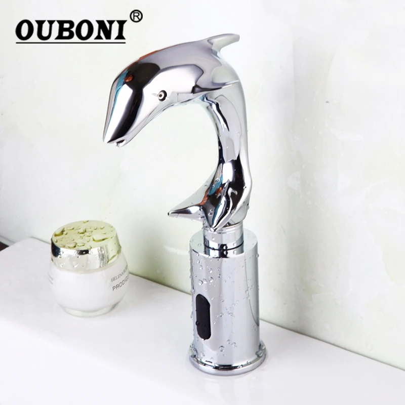 OUBONI Chrome Polish Wash Basin Sense Faucets Automatic Sensor Hand Free Dolphin Bathroom Basin Sink Faucet Chrome Mixer Tap