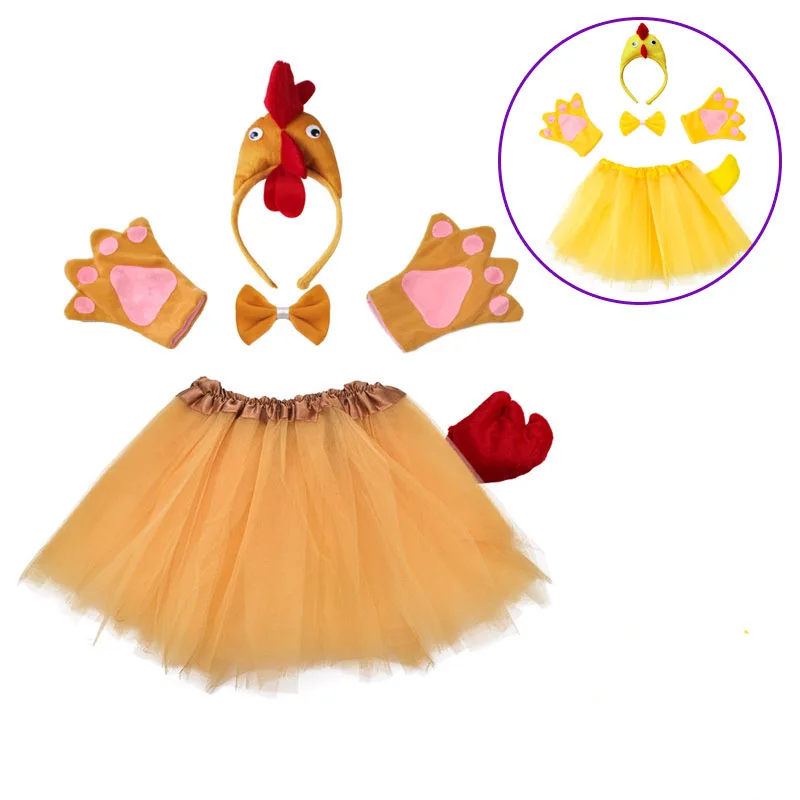 Kid women Halloween Cosplay Chicken hen cock  costume outfits set Headband Tail skirt tutu gloves Animal Cosplay Birthday Party