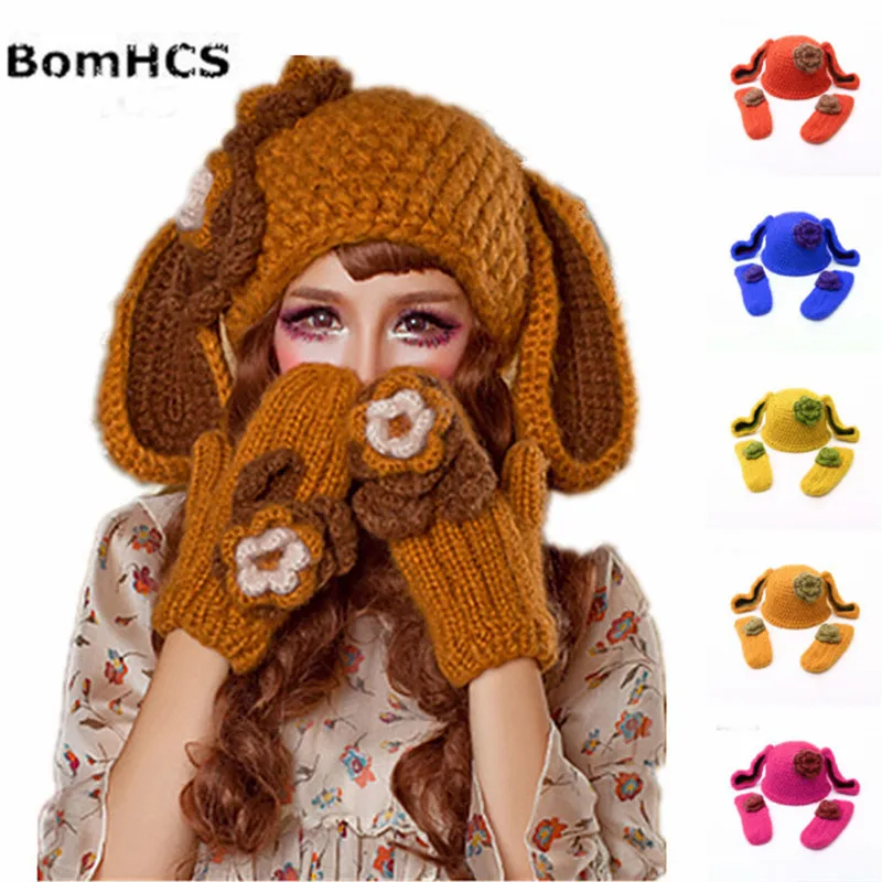 

BomHCS Cute Rabbit Ears Women's Winter Warm Handmade Knitted Beanie & Gloves Suit Girls Hat Mittens with Flower