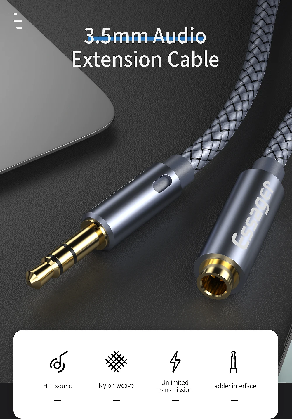 Essager Kopfhörer-Verlängerungskabel, 3,5 mm Audio-Aux-Kabel, 3,5 mm Buchse, Splitter, Lautsprecher-Verlängerungskabel für Kopfhörer-Adapter – Detail 1