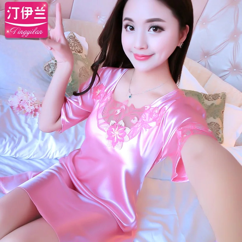 Female Sexy Summer Silk Nightgown Adult Sleepwear 2pcs Summer Silk Lace Dress Robe Girls Silk Homewear Sleeved Nightdress B-6629