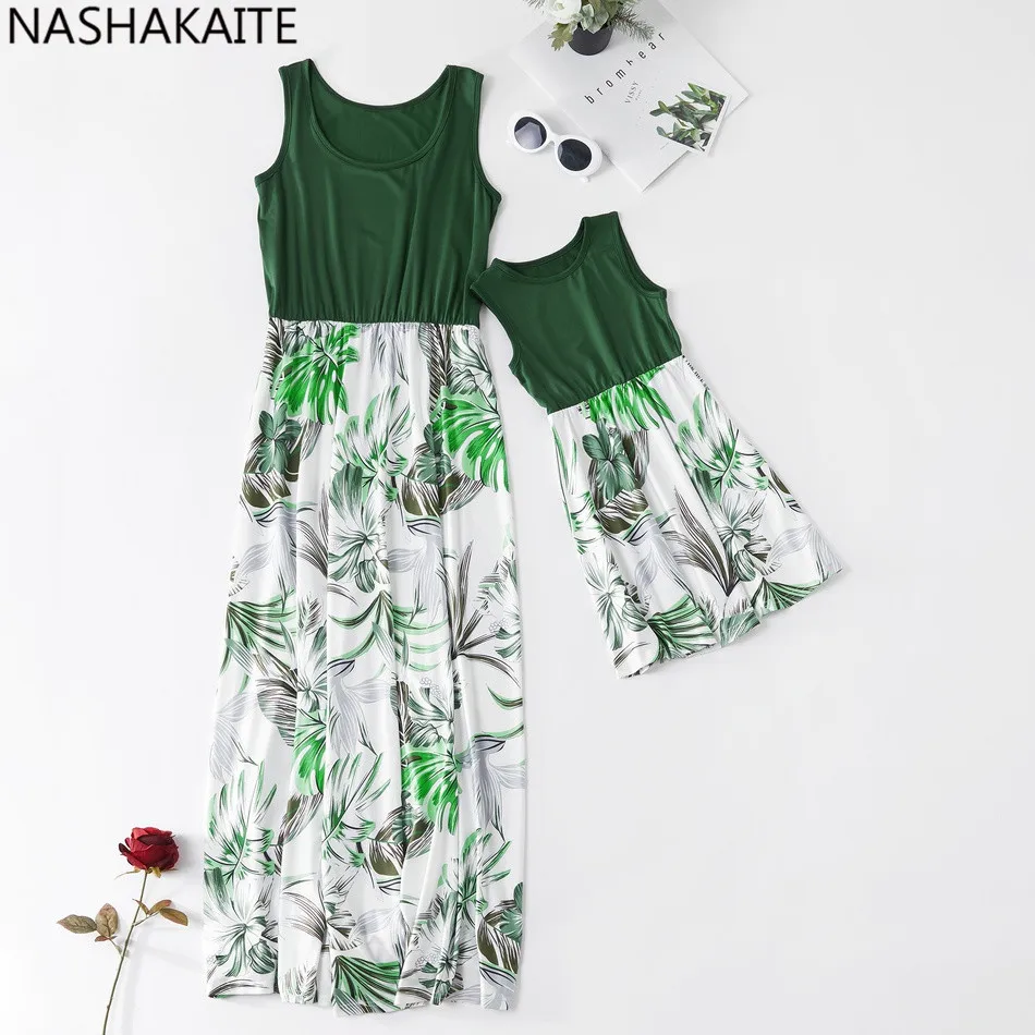 NASHAKAITE Mom and Daughter Dress Patchwork Green Leaf Print Tank Long Dress For Mother Daughter Summer Family Matching Clothes