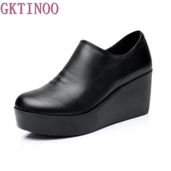 GKTINOO 2024 Wedges Women Shoe Spring Autumn Slip-On High Heels Round Toe Genuine Leather Casual Ladies Platform Shoes Woman