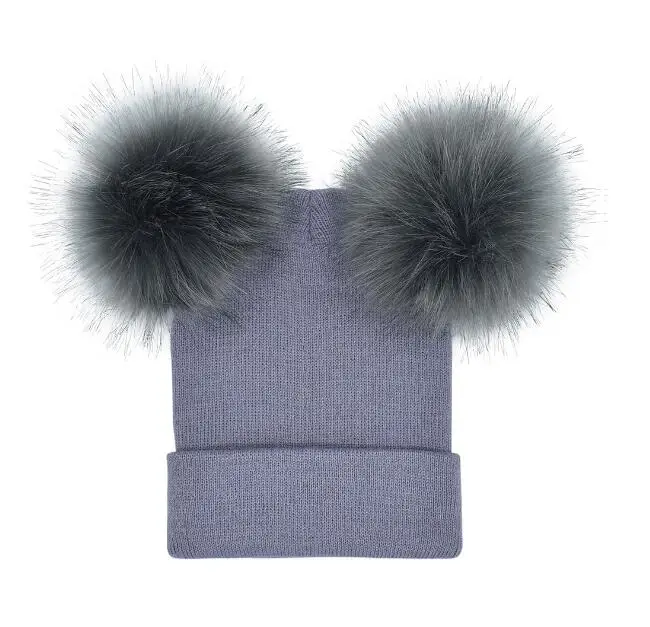 2022 beanie two faux fur pompom winter hat double fake fur pom pom ball knit beanie female cap ski bonnet