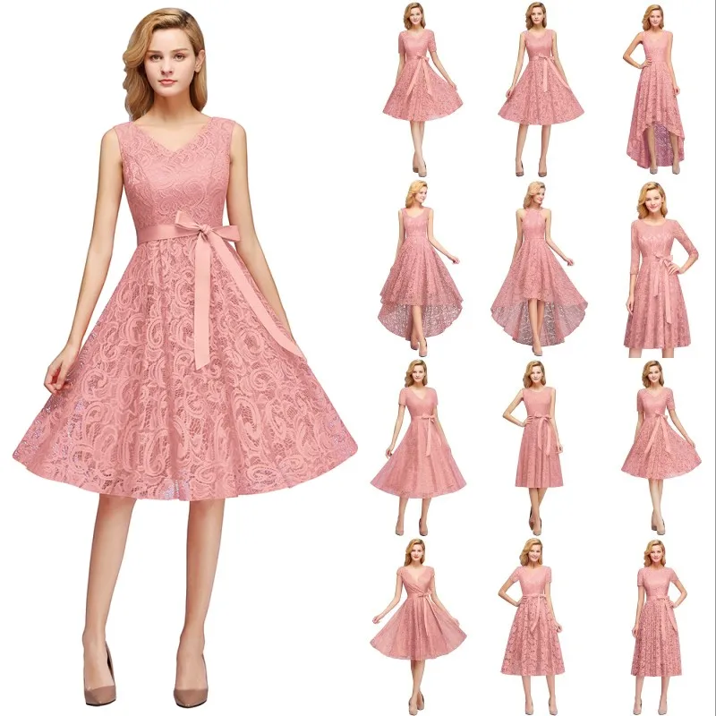 Pink Lace Short Bridesmaid Dresses A line Wedding Party Gown vestido madrinha In Stock 12 Styles