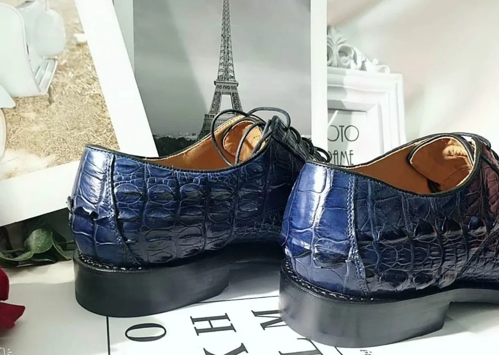 100% Genuine real crocodile head skin men shoe durable solid crocodile tail skin men dress business shoe dark blue color