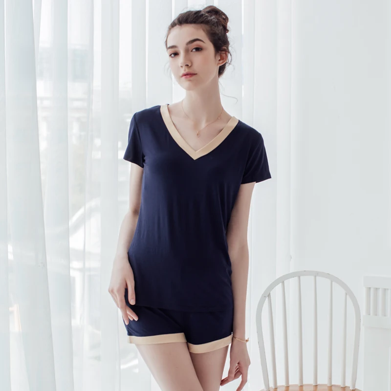 Women Summer Knitting Cotton Cellulose Fiber Short Sleeve Short Pants Top Pajama Sets Sleepwear Home Wear Loungewear Nightwear