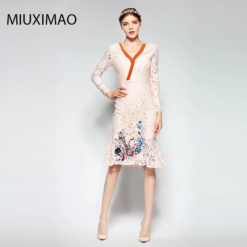 MIUXIMAO Runaway 2023 Newest  Spring Fashion Slim Elegant Lace Ebroidery Cat Flower Vintage Casual Long Fishtail Dress Women