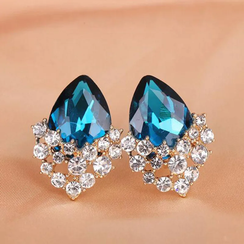 14 Colors Choose Austria Crystal Rhinestone Water Drop Shape Clip on Earrings Without Piercing Charm Bridal Ear Buckle Earrings