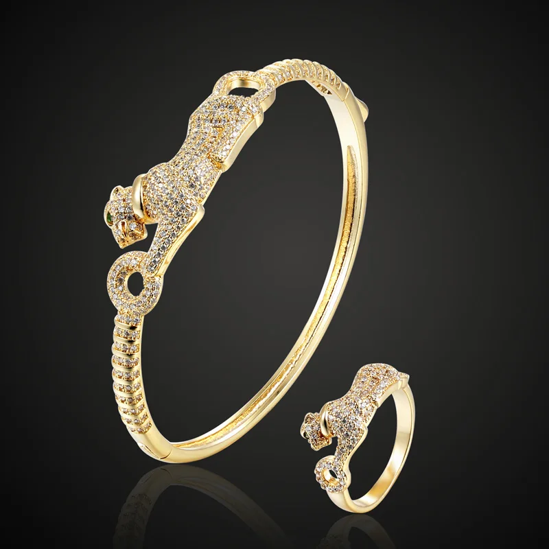 

rhodium silver gold color Leopard Animal bangle and ring anniversary jewelry sets For Women's party gifts Brand copper Bangle