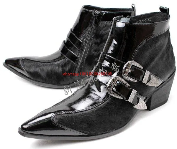 

Luxury Brand Leather Italian Western High Heels Pointed Toe Studded Cowboy Boots Military Black Punk Shoes Men plus size