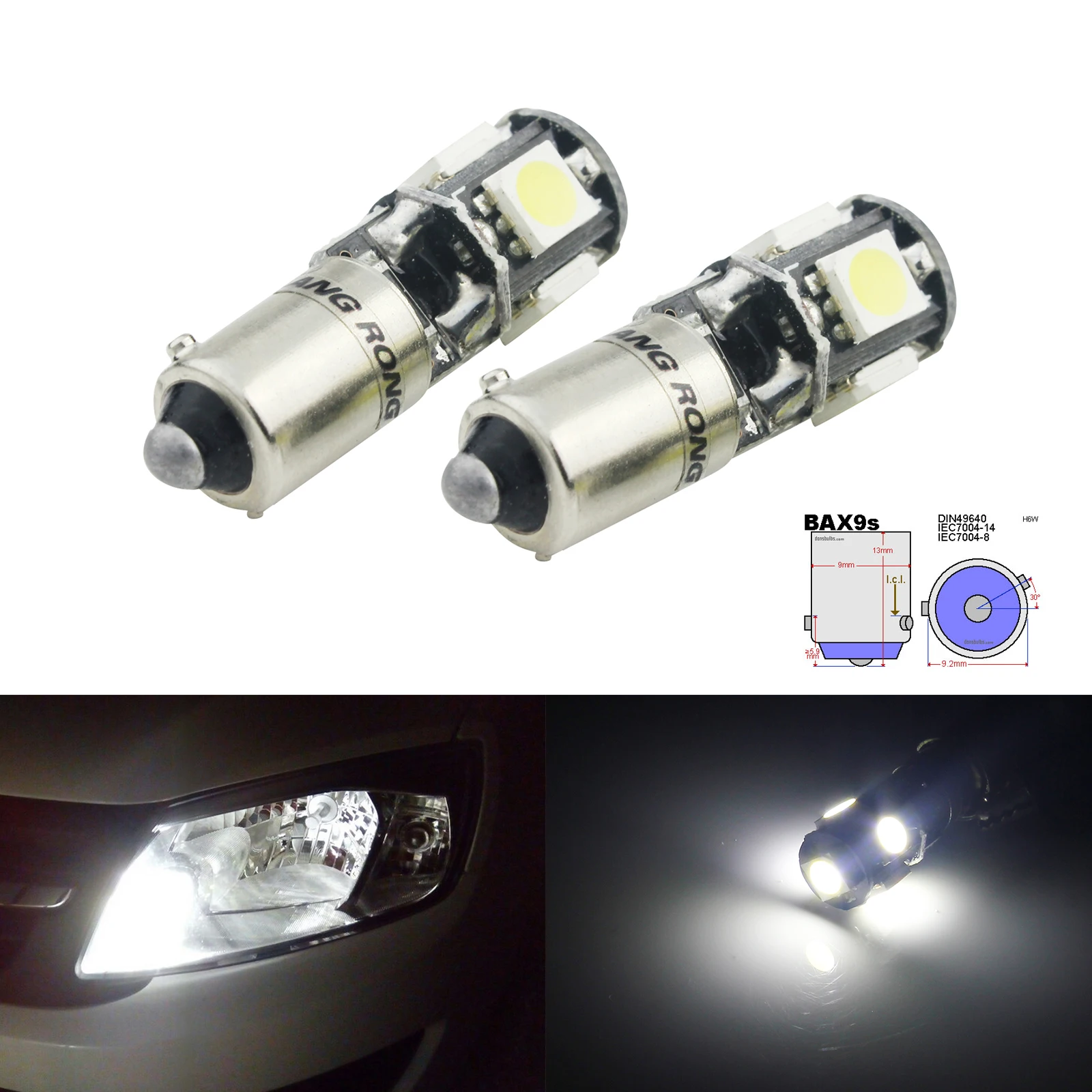 ANGRONG 2pcs H6W BAX9s 5 SMD Xenon White LED Daytime Parking Side Light Bulbs Error Free