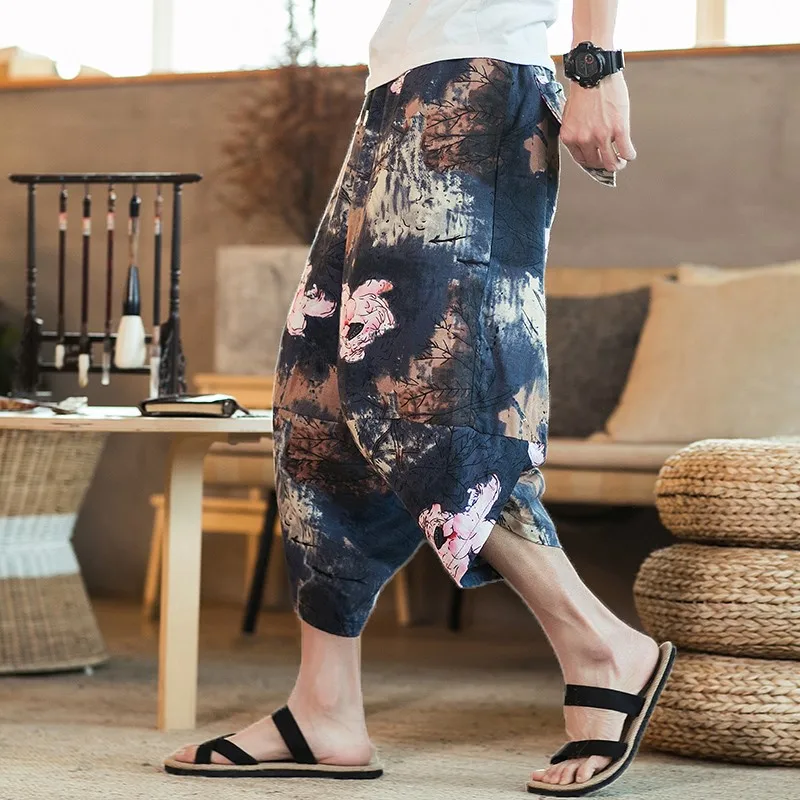 Summer Casual Loose Shorts Men Hip Hop Trousers Male Print Vintage Flowers Print Calf Length Short Beach Mens Linen Clothing 5XL