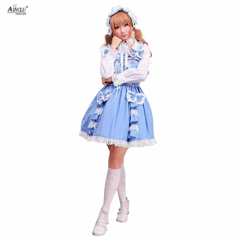 

Spring/Summer/Autumn Ainclu Cotton High Quality Blue Bow Sleeveless Sweet Cute Lace Bow A-line Bubble Lolita Dress Free Shipping