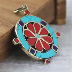 TBP293 Nepalese Vintage Flower Pendants Double Side Copper Inlay Colorful Stone