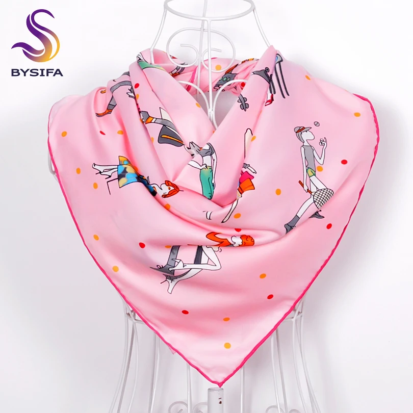 [BYSIFA] Sweet Pink Ladies Scarves 90*90cm Fashion Accessories All-match Twill Square Silk Scarf 2016 Winter Warmth Silk Muffler