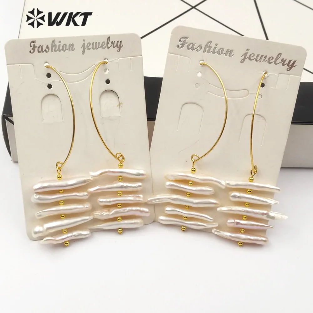 WT-E520 Natural Pearl Statement Earring Five Pieces White Pearl Bar With Metal Hoop Women Fashion Dangle Earring Wedding Jewel