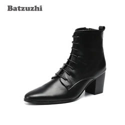 Batzuzhi-メンズカウボーイブーツ,6.8cmのハイヒールと厚いヒールのソフトブラックレザーブーツ,zapatos hombreレースアップブーツ