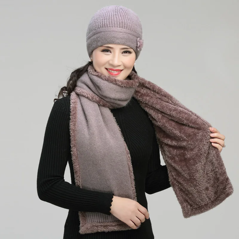 Middle Aged Old Male Beanies Hat Woman Winter Plus Velvet Knitting Cap Mother Birthday Present Comfortable Soft Lady Scarf H7163