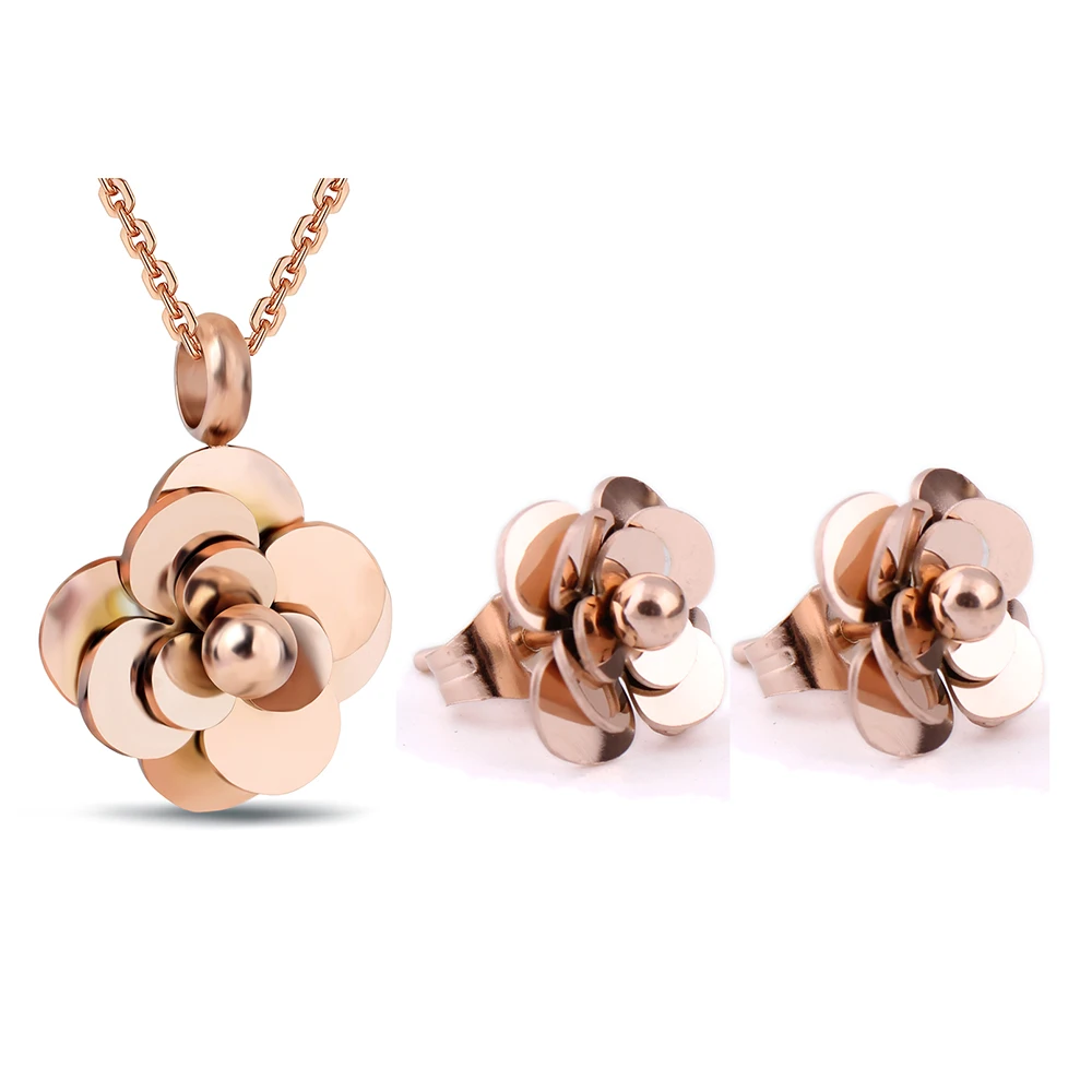 Fashion Gold/Rose Gold Color 316L Stainless Steel Flower Pendant Choker Necklace and Earrings For Women Wedding Jewelry Sets