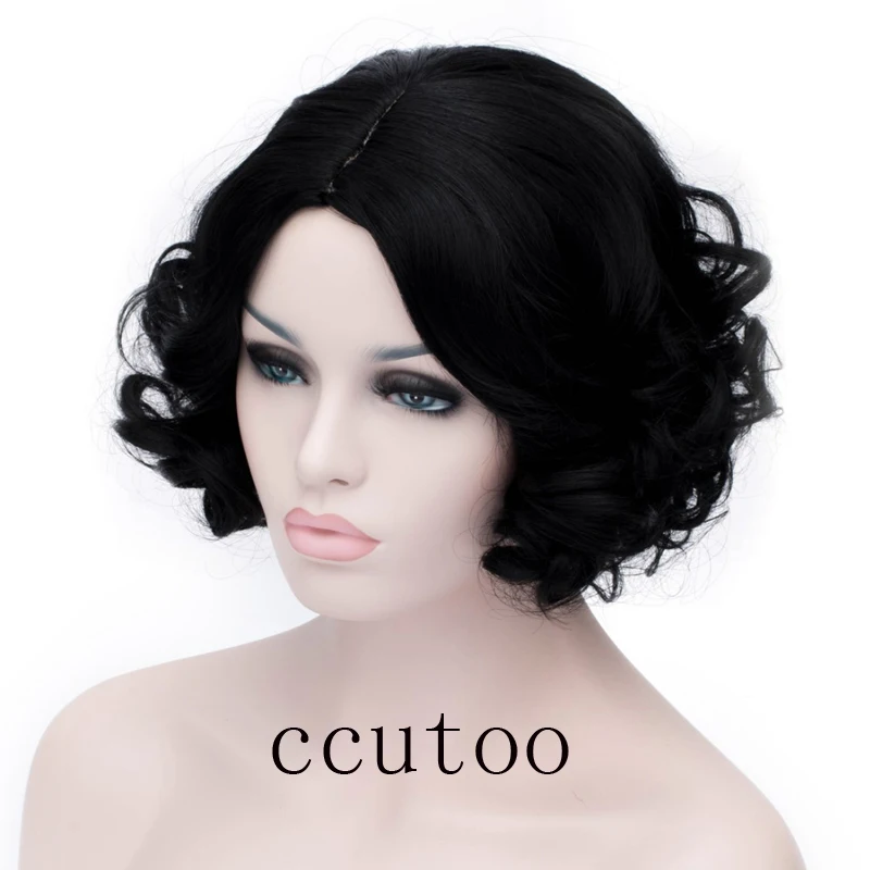 ccutoo 35cm Short Curly Black Synthetic Snow White Cosplay Wigs Heat Resistance Parting Styled Costume Wigs