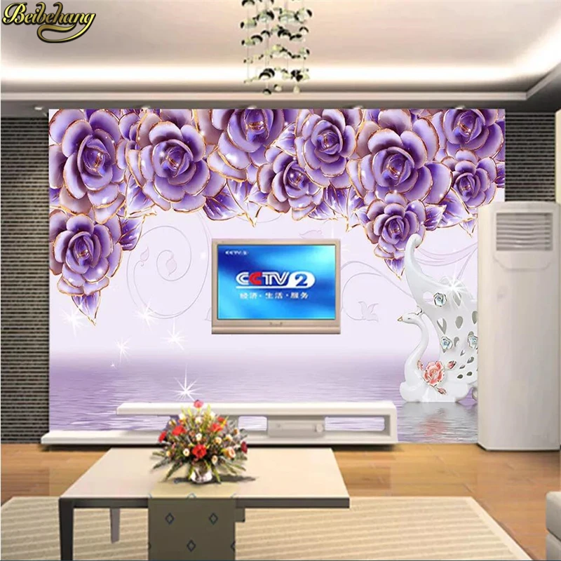 beibehang Custom Purple embossed flowers swan reflection photo wallpaper for living room TV background mural wall paper bedroom