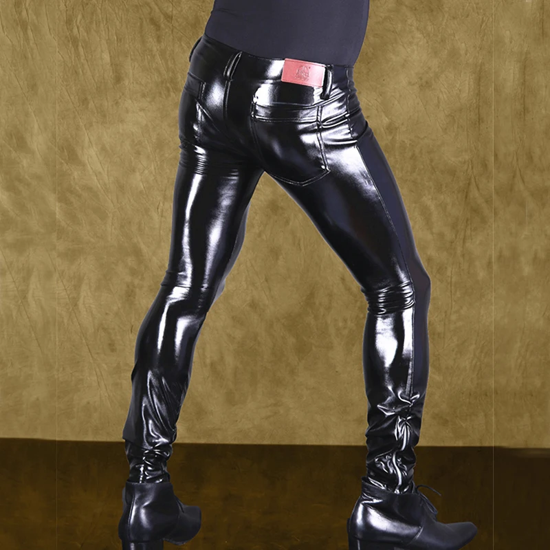 Брюки-Карандаш мужские эластичные, пикантные модные блестящие штаны из ПВХ, на молнии спереди, мотоциклетные брюки, одежда для геев